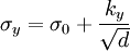 \sigma_y = \sigma_0 + {k_y \over \sqrt {d}}