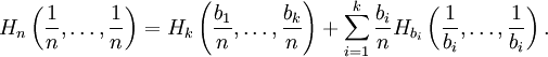 H_n\left(\frac{1}{n}, \ldots, \frac{1}{n}\right) = H_k\left(\frac{b_1}{n}, \ldots, \frac{b_k}{n}\right) + \sum_{i=1}^k \frac{b_i}{n} H_{b_i}\left(\frac{1}{b_i}, \ldots, \frac{1}{b_i}\right).