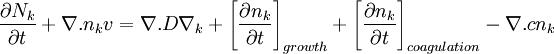 \frac{\partial{N_k}}{\partial{t}}+\nabla.n_kv=\nabla.D\nabla_k+ \left[\frac{\partial{n_k}}{\partial{t}}\right]_{growth}+ \left[\frac{\partial{n_k}}{\partial{t}}\right]_{coagulation} -\nabla.cn_k