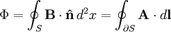 \Phi = \oint_S\mathbf{B}\cdot\mathbf{\hat{n}}\,d^2x = \oint_{\partial S}\mathbf{A}\cdot d\mathbf{l}