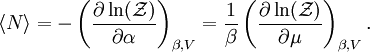 \langle N\rangle = -\left(\frac{\partial\ln(\mathcal{Z})}{\partial \alpha} \right)_{\beta,V} = \frac{1}{\beta}\left(\frac{\partial\ln(\mathcal{Z})}{\partial \mu} \right)_{\beta,V}.