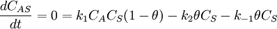 \frac {dC_{AS}}{dt}= 0 = k_1 C_A C_S (1-\theta)- k_2 \theta C_S -k_{-1}\theta C_S