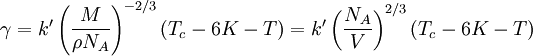 \gamma = k' \left( \frac{M}{\rho N_A} \right)^{-2/3}(T_c - 6 K - T) = k' \left( \frac{N_A}{V} \right)^{2/3}(T_c - 6 K - T)