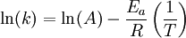 \ln(k) = \ln(A) - \frac{E_a}{R}\left(\frac{1}{T}\right)