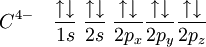 C^{4-}\quad \frac{\uparrow\downarrow}{1s}\; \frac{\uparrow\downarrow}{2s}\; \frac{\uparrow\downarrow}{2p_x} \frac{\uparrow\downarrow}{2p_y} \frac{\uparrow\downarrow}{2p_z}