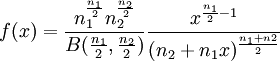f(x) = \frac{n_1^{\frac{n_1}{2}} n_2^{\frac{n_2}{2}}}{B(\frac{n_1}{2},\frac{n_2}{2})} \frac{x^{\frac{n_1}{2} - 1}}{(n_2 + n_1 x)^{\frac{n_1 + n2}{2}}}