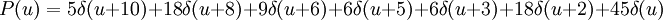 P(u) = 5 \delta(u+10) + 18 \delta(u+8) + 9 \delta(u+6) + 6 \delta(u+5) + 6 \delta(u+3) + 18 \delta(u+2) + 45 \delta(u) \,