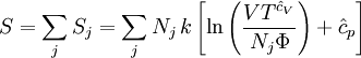 S=\sum_j S_j = \sum_j N_j\,k \left[\ln\left( \frac{VT^{\hat{c}_V}}{N_j\Phi}\right)+\hat{c}_p\right]