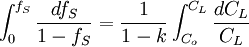 \displaystyle\int^{f_S}_0 \frac{df_S}{1-f_S} = \frac{1}{1-k} \displaystyle\int^{C_L}_{C_o} \frac{dC_L}{C_L}