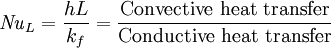 \mathit{Nu}_L = \frac{hL}{k_f} = \frac{\mbox{Convective heat transfer}}{\mbox{Conductive heat transfer}}