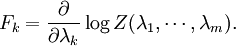 F_k = \frac{\partial}{\partial \lambda_k} \log Z(\lambda_1,\cdots, \lambda_m).