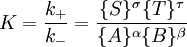 K=\frac{k_+}{k_-}=\frac{\{S\}^\sigma \{T\}^\tau } {\{A\}^\alpha \{B\}^\beta}