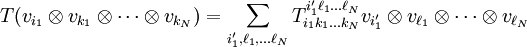 T(v_{i_1} \otimes v_{k_1} \otimes \cdots \otimes v_{k_N}) = \sum_{i'_1,\ell_1, \dots \ell_N} T_{i_1 k_1 \dots k_N}^{i'_1 \ell_1 \dots \ell_N} v_{i'_1} \otimes v_{\ell_1} \otimes \cdots \otimes v_{\ell_N}