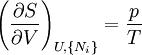 \left(\frac{\partial S}{\partial V}\right)_{U,\{N_i\}}=\frac{p}{T}