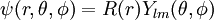 \psi(r, \theta, \phi) = R(r)Y_{lm}(\theta,\phi)\,