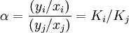 \alpha=\frac {(y_i/x_i)}{(y_j/x_j)} = K_i/K_j