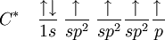 C^{*}\quad \frac{\uparrow\downarrow}{1s}\; \frac{\uparrow\,}{sp^2}\; \frac{\uparrow\,}{sp^2} \frac{\uparrow\,}{sp^2} \frac{\uparrow\,}{p}