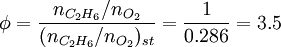 \phi = \frac{n_{C_2H_6}/n_{O_2}}{(n_{C_2H_6}/n_{O_2})_{st}} = \frac{1}{0.286} = 3.5
