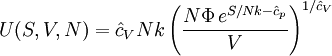 U(S,V,N)=\hat{c}_V Nk\left(\frac{N\Phi\,e^{S/Nk-\hat{c}_p}}{V}\right)^{1/\hat{c}_V}