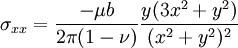 \sigma_{xx} = \frac {-\mu b} {2 \pi (1-\nu)} \frac {y(3x^2 +y^2)} {(x^2 +y^2)^2}