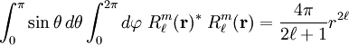 \int_{0}^{\pi}\sin\theta\, d\theta \int_0^{2\pi} d\varphi\; R^m_{\ell}(\mathbf{r})^*\; R^m_{\ell}(\mathbf{r})  =  \frac{4\pi}{2\ell+1} r^{2\ell}