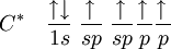 C^{*}\quad \frac{\uparrow\downarrow}{1s}\; \frac{\uparrow\,}{sp}\; \frac{\uparrow\,}{sp} \frac{\uparrow\,}{p} \frac{\uparrow\,}{p}