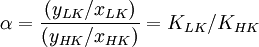 \alpha=\frac {(y_{LK}/x_{LK})}{(y_{HK}/x_{HK})} = K_{LK}/K_{HK}