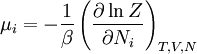 \mu_i = -{1\over \beta} \left( \frac{\partial \ln Z}{\partial N_i} \right)_{T,V,N}