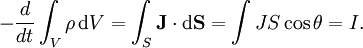 - \frac{d}{dt} \int_V \rho\, \mathrm{d}V = \int_S \mathbf{J} \cdot \mathrm{d}\mathbf{S} = \int J S \cos\theta = I.