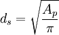 d_s = \sqrt{\frac{A_p}{\pi}}