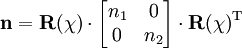 \mathbf{n} = \mathbf{R(\chi)} \cdot \begin{bmatrix} n_1 & 0 \\ 0 & n_2 \end{bmatrix} \cdot \mathbf{R(\chi)}^\textrm{T}