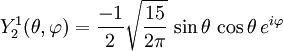 Y_{2}^{1}(\theta,\varphi)={-1\over 2}\sqrt{15\over 2\pi}\, \sin\theta\,\cos\theta\, e^{i\varphi}