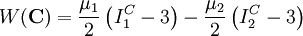 W(\mathbf{C})=\frac{\mu_1}{2}\left(I_1^C -3 \right) -\frac{\mu_2}{2}\left(I_2^C - 3\right)