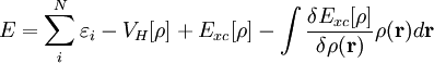 E = \sum_{i}^N \varepsilon_i - V_{H}[\rho] + E_{xc}[\rho] - \int {\delta E_{xc}[\rho]\over\delta \rho(\mathbf{r})} \rho(\mathbf{r}) d\mathbf{r}