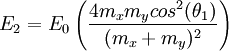 E_2 = E_0 \left (\frac{4 m_x m_y cos^2 (\theta_1)}{(m_x + m_y)^2}  \right)