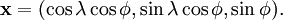 \mathbf{x} = (\cos \lambda \cos \phi, \sin \lambda \cos \phi, \sin \phi).