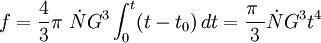 f = \frac{4}{3} \pi\ \dot NG^3 \int_{0}^{t} (t-t_0)\, dt = \frac{ \pi\ }{3}\dot NG^3t^4 \,\!