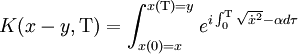 K(x-y,\Tau) = \int_{x(0)=x}^{x(\Tau)=y} e^{i \int_0^\Tau \sqrt{{\dot x}^2} - \alpha d\tau}  \,