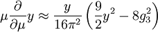 \mu \frac{\partial}{\partial\mu} y  \approx \frac{y}{16\pi^2}\left(\frac{9}{2}y^2 - 8 g_3^2\right)