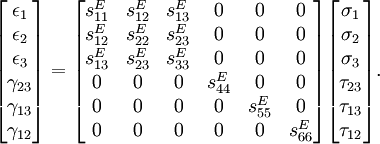 \begin{bmatrix} \epsilon_1 \\ \epsilon_2 \\ \epsilon_3 \\ \gamma_{23} \\ \gamma_{13} \\ \gamma_{12} \end{bmatrix} = \begin{bmatrix} s_{11}^E & s_{12}^E & s_{13}^E & 0 & 0 & 0 \\ s_{12}^E & s_{22}^E & s_{23}^E & 0 & 0 & 0 \\ s_{13}^E & s_{23}^E & s_{33}^E & 0 & 0 & 0 \\ 0 & 0 & 0 & s_{44}^E & 0 & 0 \\ 0 & 0 & 0 & 0 & s_{55}^E & 0 \\ 0 & 0 & 0 & 0 & 0 & s_{66}^E \end{bmatrix} \begin{bmatrix} \sigma_1 \\ \sigma_2 \\ \sigma_3 \\ \tau_{23} \\ \tau_{13} \\ \tau_{12} \end{bmatrix}.