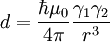 d = \frac{\hbar \mu_0}{4 \pi} \frac{\gamma_1 \gamma_2}{r^3}