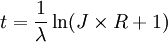 t=\frac{1}{\lambda} \ln (J \times R+1)