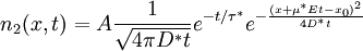 n_2(x,t)=A \frac{1}{\sqrt{4\pi D^* t}} e^{-t/\tau^*} e^{-\frac{(x+\mu^*Et-x_0)^2}{4D^*t}}