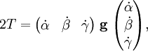 2 T = \begin{pmatrix}  \dot{\alpha} & \dot{\beta} & \dot{\gamma} \end{pmatrix} \; \mathbf{g} \; \begin{pmatrix}  \dot{\alpha} \\ \dot{\beta} \\ \dot{\gamma}\\ \end{pmatrix},