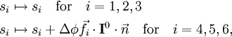 \begin{align} s_i &\mapsto s_i  \quad \mathrm{for}\quad i=1,2,3 \\ s_i &\mapsto s_i + \Delta \phi \vec{f}_i \cdot \mathbf{I}^0\cdot \vec{n} \quad  \mathrm{for}\quad i=4,5,6, \\ \end{align}
