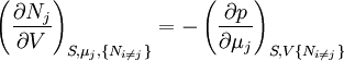 \left(\frac{\partial N_j}{\partial V}\right)_{S,\mu_j,\{N_{i\ne j}\}} = -\left(\frac{\partial p}{\partial \mu_j}\right)_{S,V\{N_{i\ne j}\}}