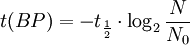 t(BP) = -t_\frac{1}{2}\cdot \log_2 \frac{N}{N_0}