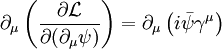 \partial_\mu \left( \frac{\partial \mathcal{L}}{\partial ( \partial_\mu \psi )} \right) = \partial_\mu \left( i \bar{\psi} \gamma^\mu \right) \,