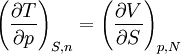 ~ \left ( {\partial T\over \partial p} \right )_{S,n}  = \left ( {\partial V\over \partial S} \right )_{p,N} ~