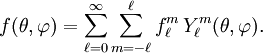 f(\theta,\varphi)=\sum_{\ell=0}^{\infty} \sum_{m=-\ell}^\ell f_\ell^m \, Y_\ell^m(\theta,\varphi).